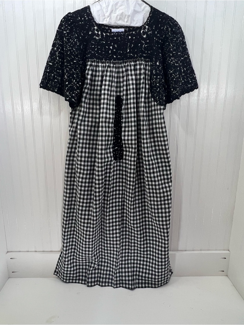 Mi Golondrina Black White Gingham Hand Embroidered Midi Dress L